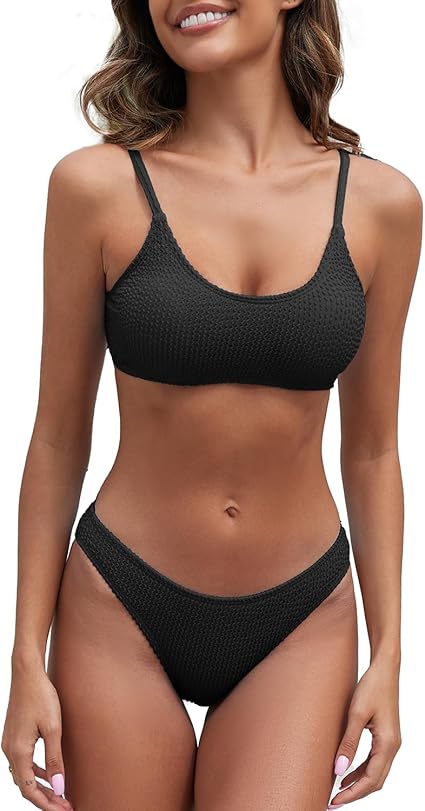 Womens Ribbed Bikini Sets Scoop Neck Cheeky Swimsuit Textured Two Piece Bathing Suit