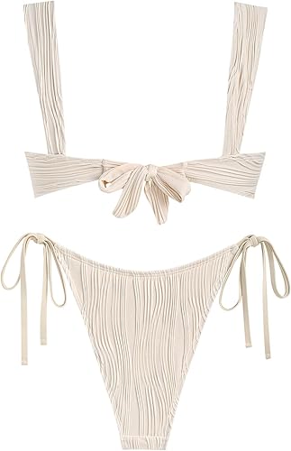 ZAFUL Womens Cinched Bikini Solid Color Wave Textured Knotted Tied Side Two Piece Swimsuit Bathing Suits