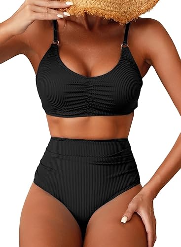 Herseas Womens Loop Straps Bikini Sets 2 Piece Shine Ribbed Swimsuits Ruched High Waisted Bathing Suits